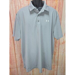 Under Armour Mens HeatGear Polo XXL Gray & White Striped Loose Fit